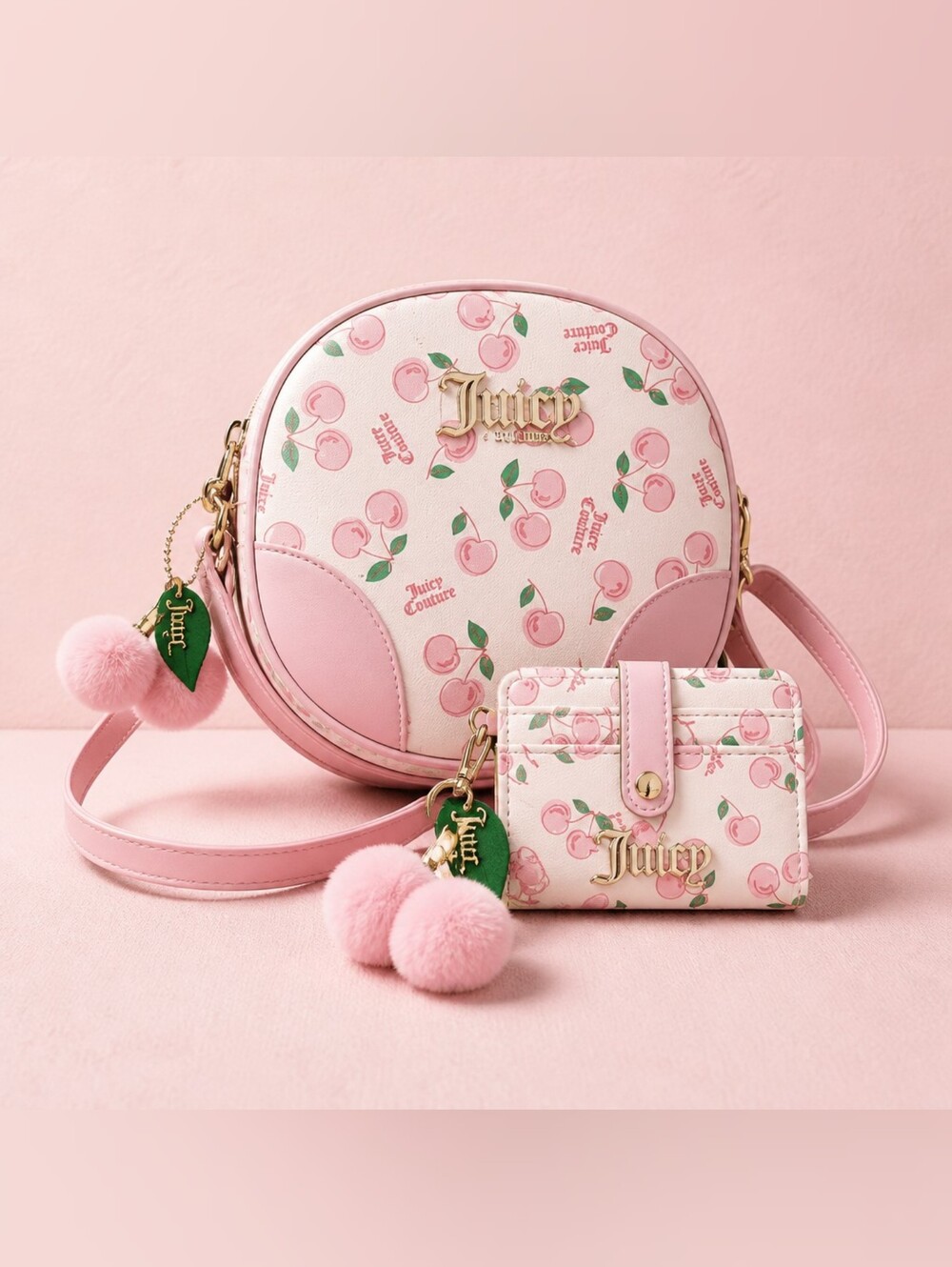 Juicy Couture Pink Cherry Print Round Crossbody with Card Case